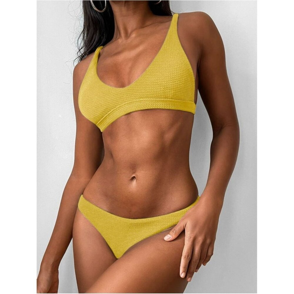 ZAFUL Padded Scoop Neck Bikini Set Yellow With Clasp Back Size Large US 8
